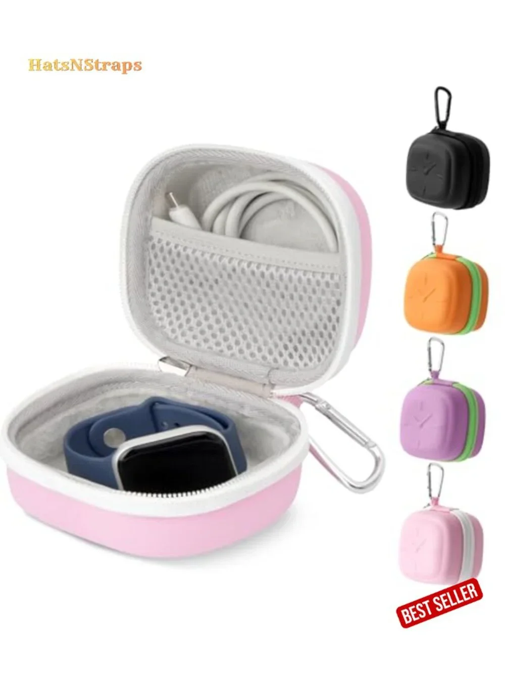 Hard Travel Watch Case with Carabiner, EVA & PU Shell, Plush Lined, Mesh Pocket